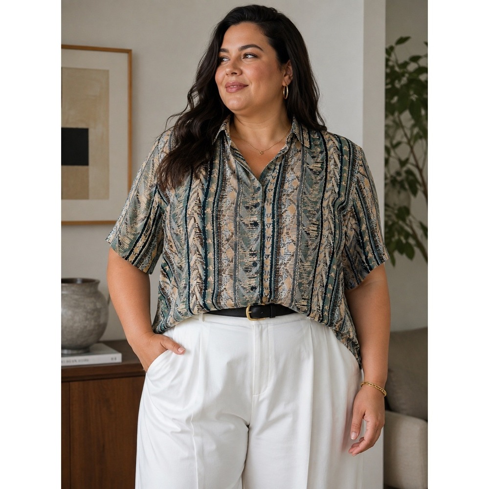 Vintage Valerie Stevens II Silk Blouse 18W Abstract Print Shoulder Pads